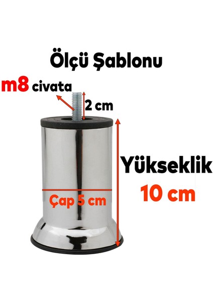 Mobilya Kanepe Baza Koltuk Destek Yükseltme Ayağı M8 Civatalı Krom Metal Ayakları 10 cm 8 Adet