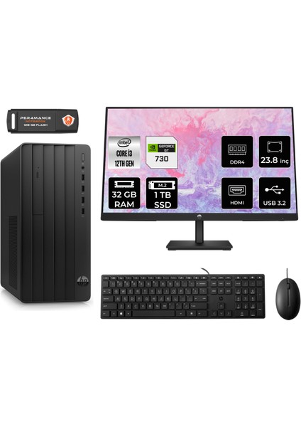 Pro Tower 290 G9 Intel Core I3 12100 32GB 1tb GT730/4GB 23.8" Fhd Monitör Fdos 6D3A1EA Masaüstü Bilgisayar & Per4 USB Bellek 6D3A1EAMNT2328