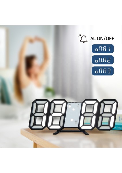 Beyaz-Beyaz LED 3D Dijital LED Çalar Saat Duvar Masa Saatleri Sıcaklık/takvim/3 Parlaklık Seviyesi Gece Lambası Çok Fonksiyonlu (Yurt Dışından)