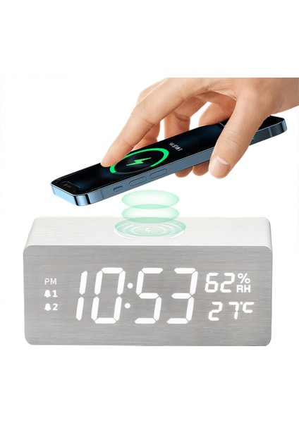 Beyaz USB Ahşap Dijital Alarmlı Saat Saat Kablosuz Şarj ile LED Ekran Termometre Nem Saati Ofis Masası Küçük Başucu Saat (Yurt Dışından)