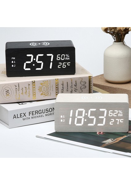 Beyaz USB Ahşap Dijital Alarmlı Saat Saat Kablosuz Şarj ile LED Ekran Termometre Nem Saati Ofis Masası Küçük Başucu Saat (Yurt Dışından)