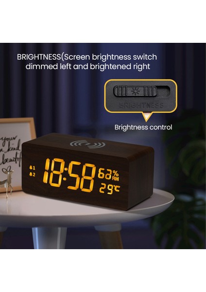 Beyaz USB Ahşap Dijital Alarmlı Saat Saat Kablosuz Şarj ile LED Ekran Termometre Nem Saati Ofis Masası Küçük Başucu Saat (Yurt Dışından)