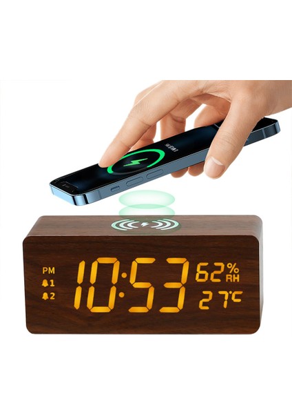 Kahverengi USB Ahşap Dijital Çalar Saat Kablosuz Şarjlı LED Ekranlı Termometre Nem Saati Ofis Masası Için Küçük Başucu Saati (Yurt Dışından)