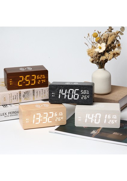 Kahverengi USB Ahşap Dijital Çalar Saat Kablosuz Şarjlı LED Ekranlı Termometre Nem Saati Ofis Masası Için Küçük Başucu Saati (Yurt Dışından) modelleri