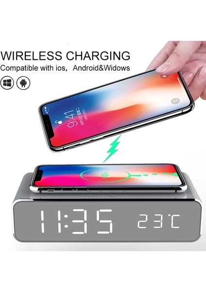 Gümüş 2022 Kablosuz Hızlı Şarj Cihazı LED Çalar Saat Telefon Kablosuz Şarj Cihazı Şarj Pedi Termometre Xiaomi Iphone 11 Xs Max x (Yurt Dışından)