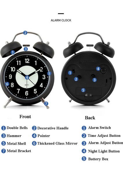 3 Inç Yeşil Sessiz Tik Takmayan Analog Kuvars 4 Inç Pil ile Çalışan Çift Zil Yüksek Sesli Çalar Saat Arka Aydınlatmalı Yatak Odası Saati Dijital (Yurt Dışından)