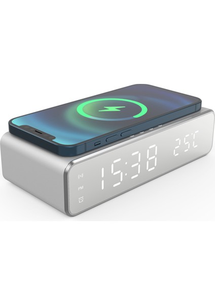Gümüş LED Elektrikli Çalar Saat Cep Telefonu Kablosuz Şarj Cihazı Hd Saat Aynalı Zaman Hafızalı Dijital Termometre Saat (Yurt Dışından)