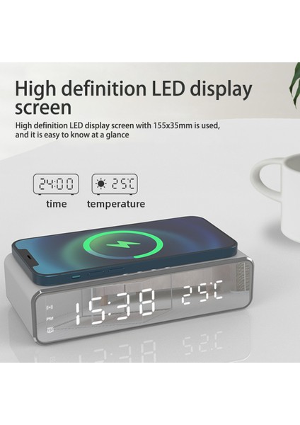 Gümüş LED Elektrikli Çalar Saat Cep Telefonu Kablosuz Şarj Cihazı Hd Saat Aynalı Zaman Hafızalı Dijital Termometre Saat (Yurt Dışından)