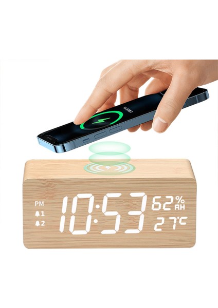 Açık Sarı USB Ahşap Dijital Çalar Saat Kablosuz Şarjlı LED Ekranlı Termometre Nem Saati Ofis Masası Için Küçük Başucu Saati (Yurt Dışından)