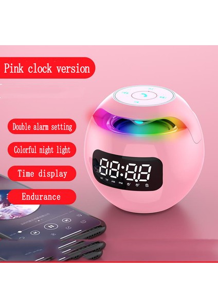 Pembe Dijital LED Çalar Saat Tf/fm Radyo Bluetooth Hoparlör Yuvarlak Başucu Gece Lambası Renkli Işık Müzik Çalar Ev Masa Saati (Yurt Dışından)