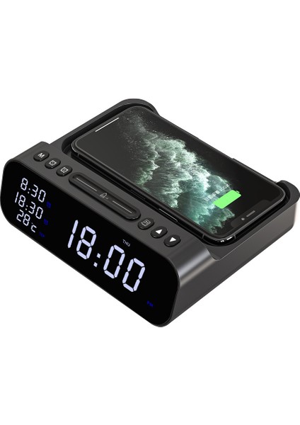 Siyah 3-In-1 Kablosuz Şarj Cihazı Çalar Saat Zaman LED Işık Termometre Kulaklık Telefon Şarj Cihazı 15W Hızlı Şarj Dock Istasyonu Telefon Için (Yurt Dışından)
