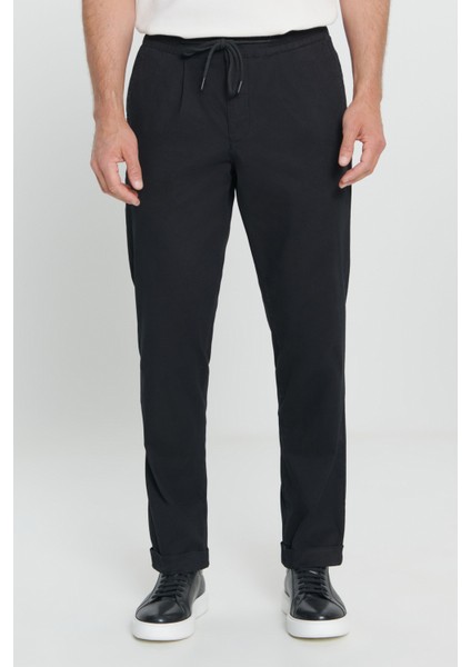 Erkek Siyah Comfort Fit Rahat Kesim Yan Cepli Pantolon