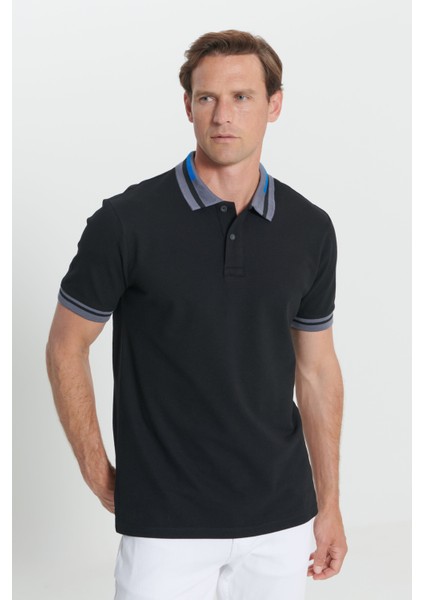 AC&Co / Altınyıldız Classics Erkek Siyah Slim Fit Dar Kesim %100 Pamuk Kıvrılmaz Polo Yaka Tişört