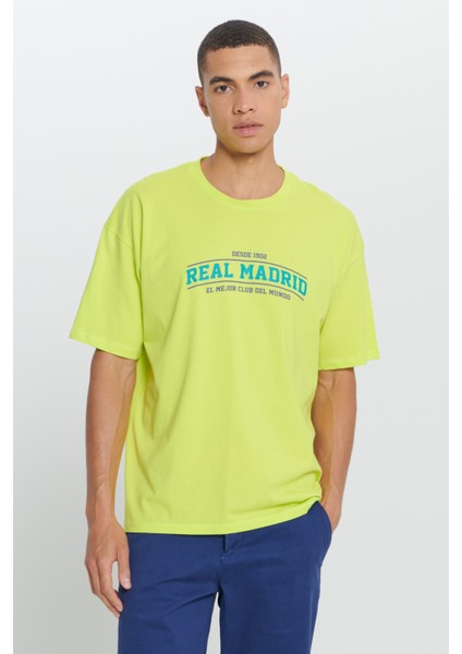 Erkek Sarı Real Madrid Lisanslı Oversize Fit Bol Kesim %100 Pamuk Bisiklet Yaka Tişört
