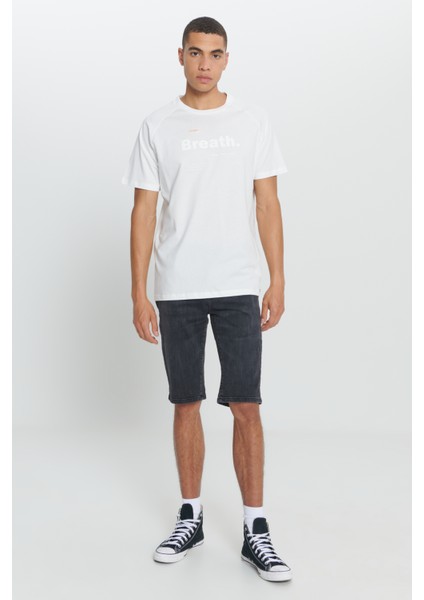 Erkek Ekru Loose Fit Bol Kesim %100 Pamuk Yumuşak Dokulu Baskılı Bisiklet Yaka Tişört