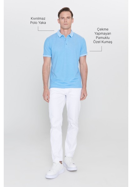 AC&Co / Altınyıldız Classics Erkek Çekmeyen Pamuklu Kumaş Slim Fit Dar Kesim Saks-Beyaz Kıvrılmaz Polo Yaka Tişört