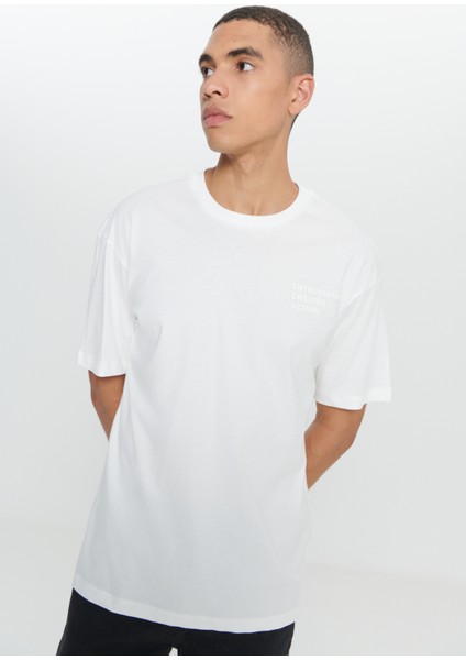 Erkek Ekru Loose Fit Bol Kesim %100 Pamuk Baskılı Bisiklet Yaka Tişört