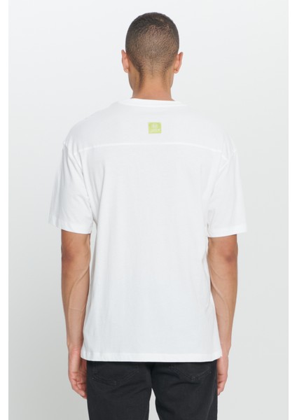 Erkek Ekru Loose Fit Bol Kesim %100 Pamuk Baskılı Bisiklet Yaka Tişört