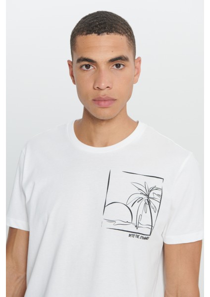 Erkek Ekru Standart Fit Normal Kesim %100 Pamuk Yumuşak Dokulu Baskılı Bisiklet Yaka Tişört indirimleri