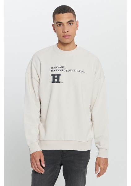 Harvard Lisanslı 3 İplik Pamuklu Oversize Fit Bol Kesim Erkek Açık Bej Bisiklet Yaka Sweatshirt
