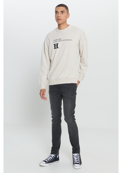 Harvard Lisanslı 3 İplik Pamuklu Oversize Fit Bol Kesim Erkek Açık Bej Bisiklet Yaka Sweatshirt