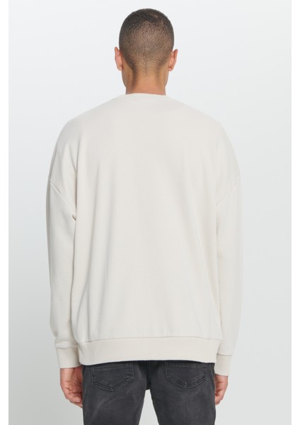 Harvard Lisanslı 3 İplik Pamuklu Oversize Fit Bol Kesim Erkek Açık Bej Bisiklet Yaka Sweatshirt