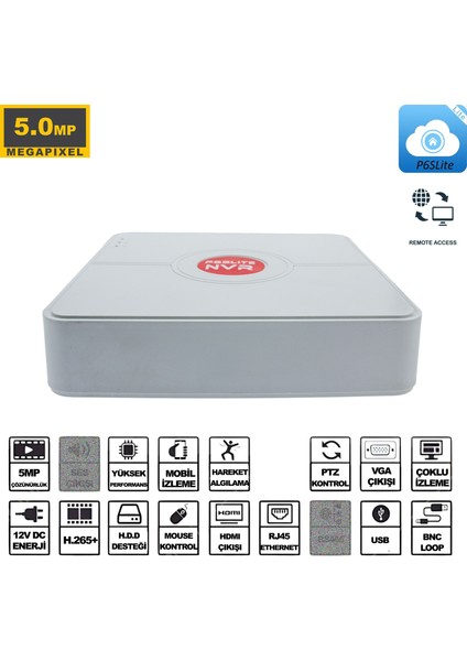 Nvr Kayıt Cihazı 16 Kanal 5mp 1080P H265 5in1 Hibrit P6SLITE