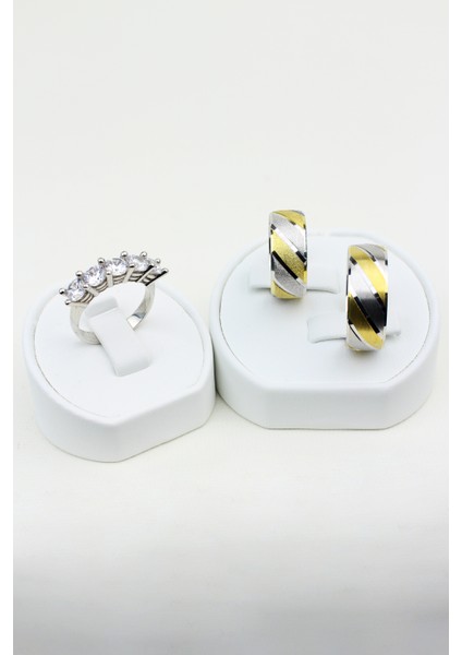 Kelebek Desenli Erkek Düz Bayan Kumlu Yaldızlı 925 Ayar Gümüş Alyans, Nişan ve Söz Yüzüğü