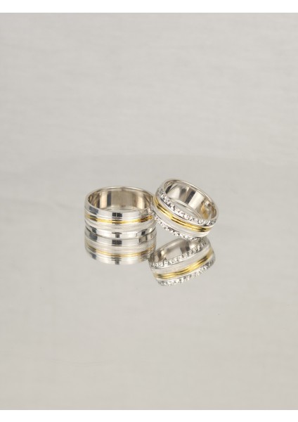 Çapraz Tırlıklı Ortası Yaldızlı Su Yolu 925 Ayar Gümüş Alyans, Nişan ve Söz Yüzüğü