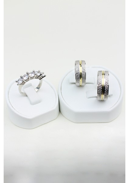 Erkek Brose Bayan Pah Yaldızlı Parlak 925 Ayar Gümüş Alyans, Nişan ve Söz Yüzüğü