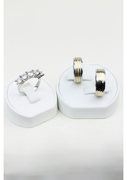 Çapraz Broseli Çift Su Yolu Ortası Yaldızlı 925 Ayar Gümüş Alyans, Nişan ve Söz Yüzüğü