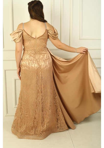 Zincir Askılı Ön Arka V Yaka Düşük Kollu Simli Flok Baskılı Astarlı Uzun Balık Elbise fırsatları