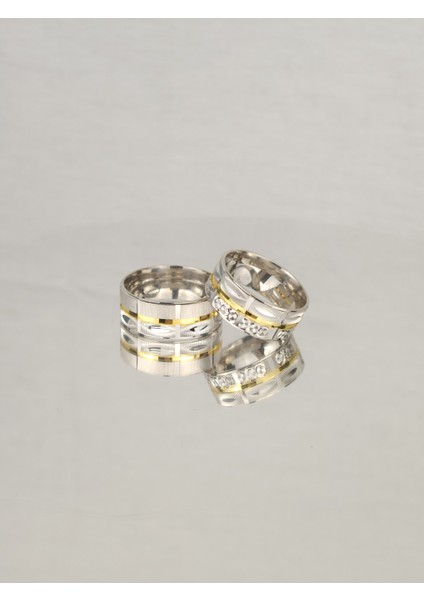 Ortası Su Yolu Yaldızlı 925 Ayar Gümüş Alyans, Nişan ve Söz Yüzüğü