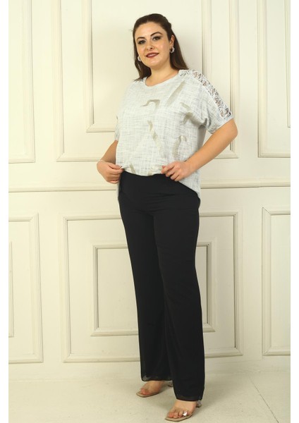 Beli Lastikli Astarlı Büyük Beden Şifon Pantolon