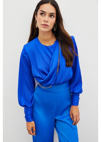 Ön Zincirli Saten Bluz - Sax Mavi
