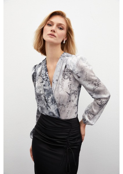 Çiçek Desenli Bodysuit Bluz - Gri