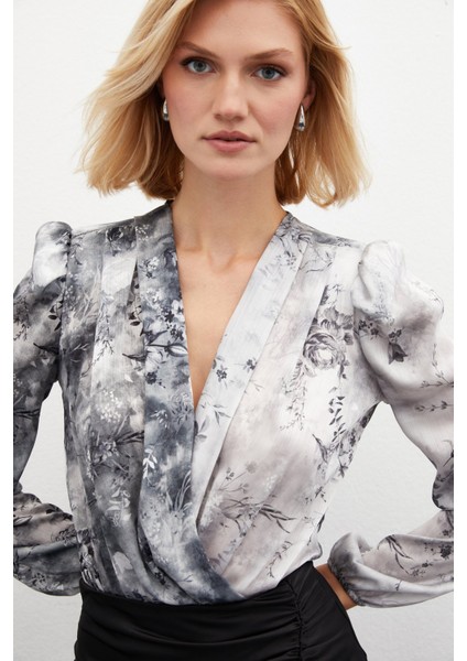 Çiçek Desenli Bodysuit Bluz - Gri fiyatları