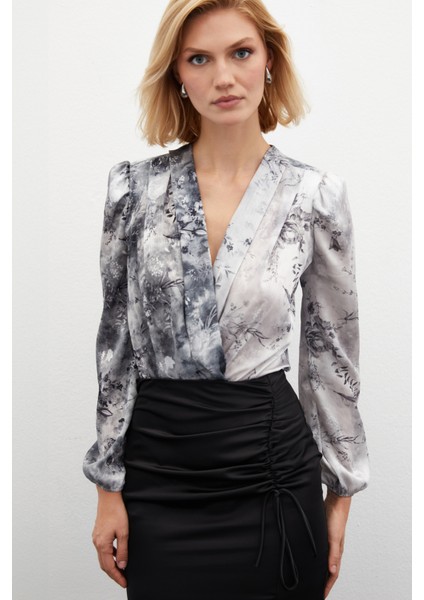 Çiçek Desenli Bodysuit Bluz - Gri modelleri