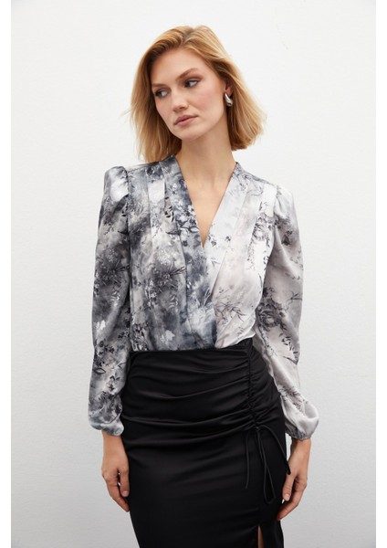 Çiçek Desenli Bodysuit Bluz - Gri fırsatları