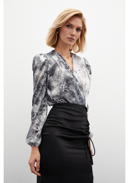 Çiçek Desenli Bodysuit Bluz - Gri indirimleri