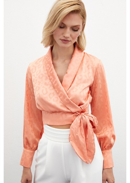 Yan Kuşaklı Saten Bluz - Somon