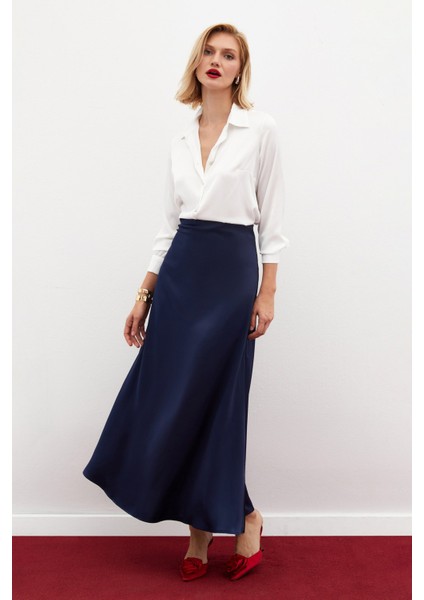 Uzun Saten Etek - Lacivert