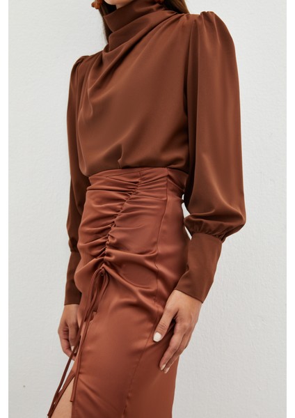 Büzgü Detaylı Saten Etek - Kahve fırsatları