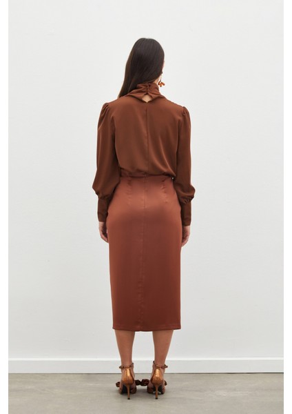 Büzgü Detaylı Saten Etek - Kahve indirimleri