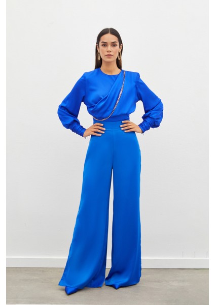 Ön Zincirli Saten Bluz - Sax Mavi fiyatları