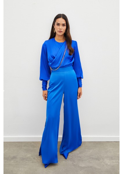 Ön Zincirli Saten Bluz - Sax Mavi modelleri