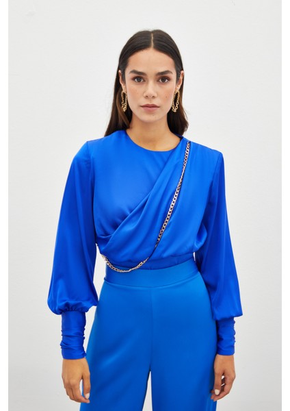 Ön Zincirli Saten Bluz - Sax Mavi indirimleri