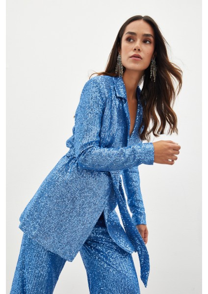 Kuşaklı Payet Ceket - Indigo