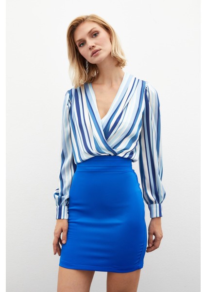 Çizgili Bodysuit Bluz - Indigo