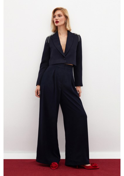 Omuz Aksesuarlı Kısa Ceket - Lacivert